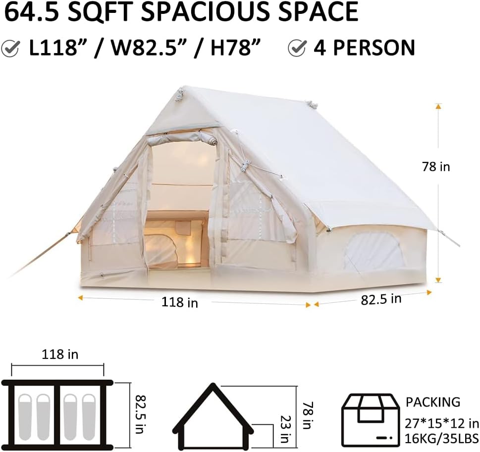Inflatable Glamping Tent with Pump for 4-6