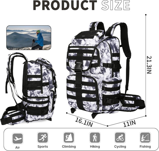 50L Military Tactical Backpack 3 Day Assault Pack Daypack Hiking Backpack for Men and Women (Black white Tie-Dye)