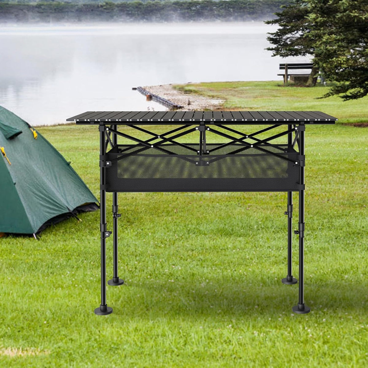 Adjustable Folding Camping Table with Mesh Storage
