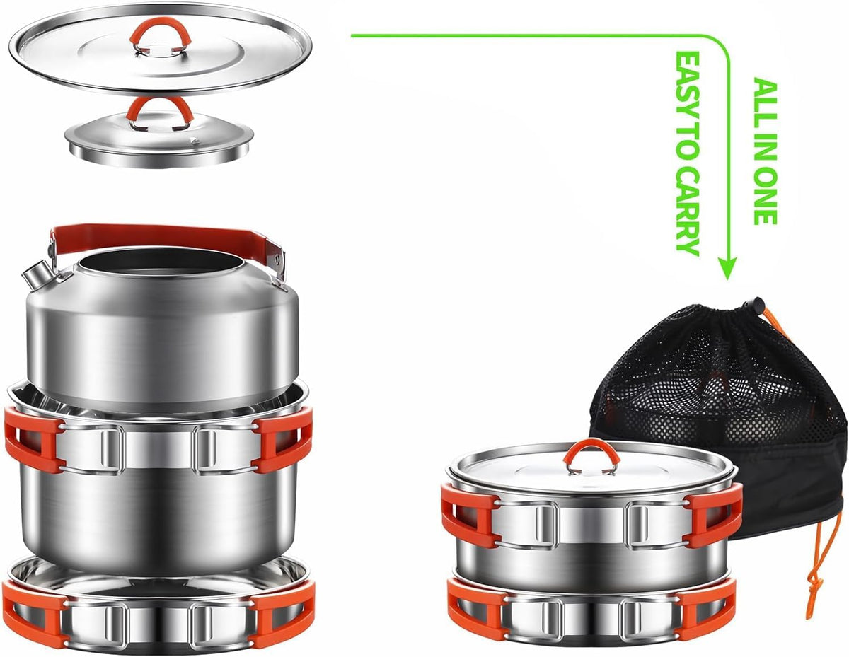 Stainless Steel Camping Cookware Set with Bag