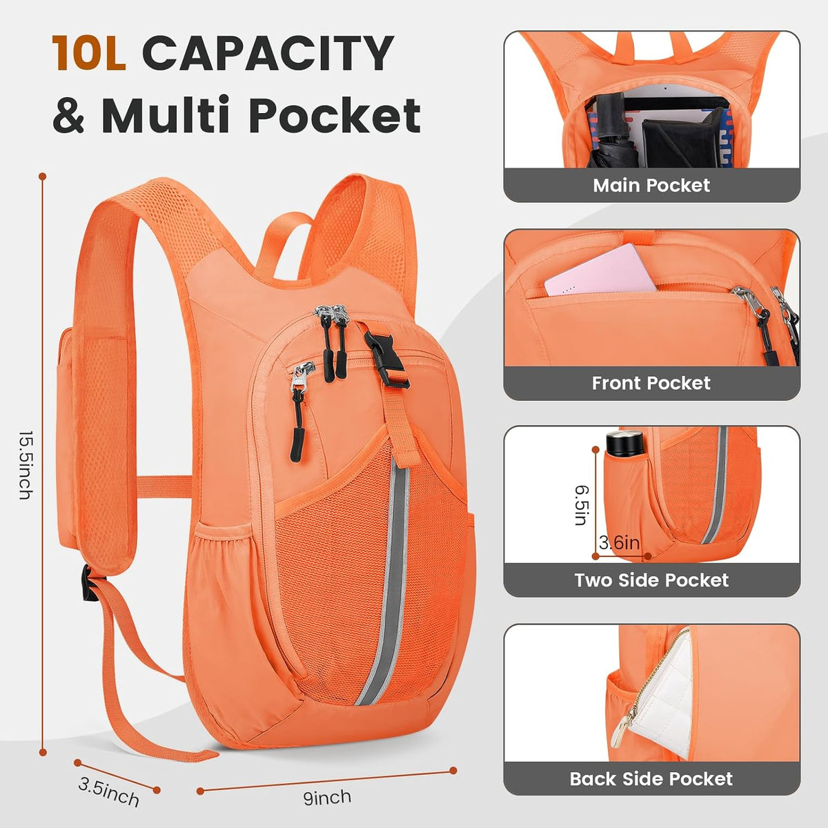 Small Hiking Backpack 10L - Lightweight Packable Foldable Backpack for Travel Camping Outdoor Commute, Compact Rucksack for Women Men(Orange)