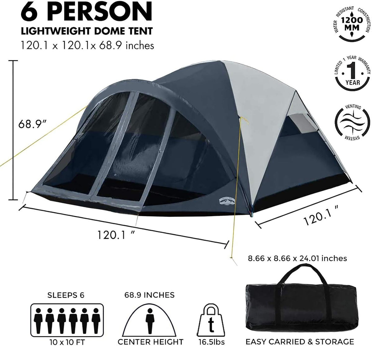 6-Person Dome Tent with Rain Fly and Screen