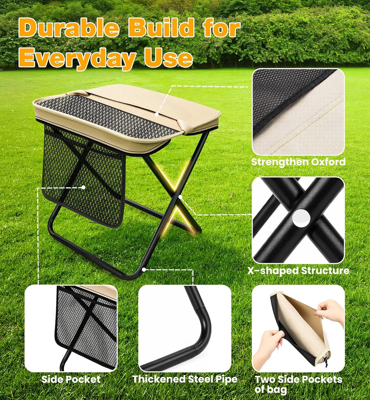 Portable Folding Stools with Side Pockets