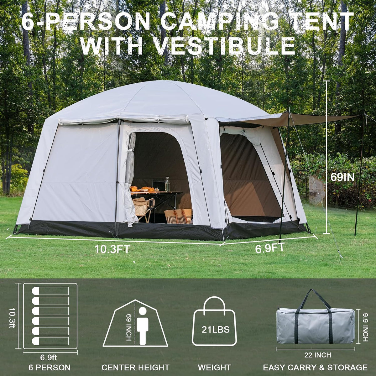4-6 Person Cabin Tent with Porch and Rainfly